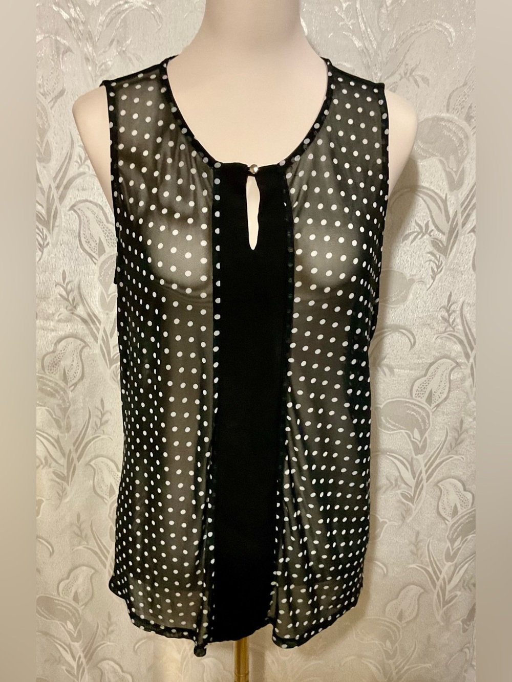 Faith and Joy Black Sleeveless Sheer Polka Dot Keyhole Blouse